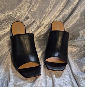 Lisa Vicky Black Leather Square Toe Block Heel Mules Slides Size 10M